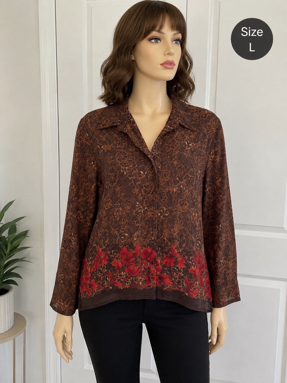 Liz Claiborne Brown Blouse with Red Floral Border
